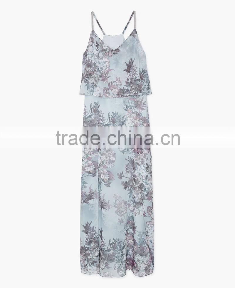 new style layered v neck strap chiffon long dress with high slits