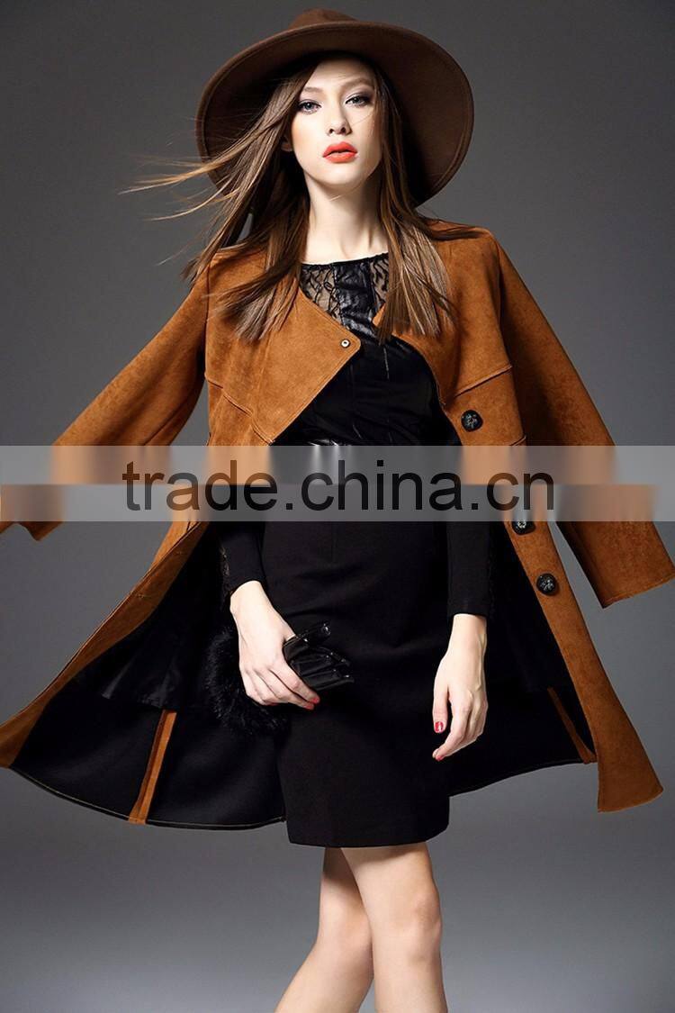 New arrival winter wear plain longline faux suede leather coat