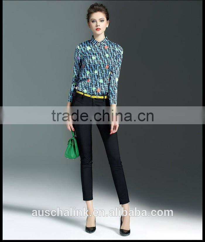 latest western long sleeve lapel print shirt design for women