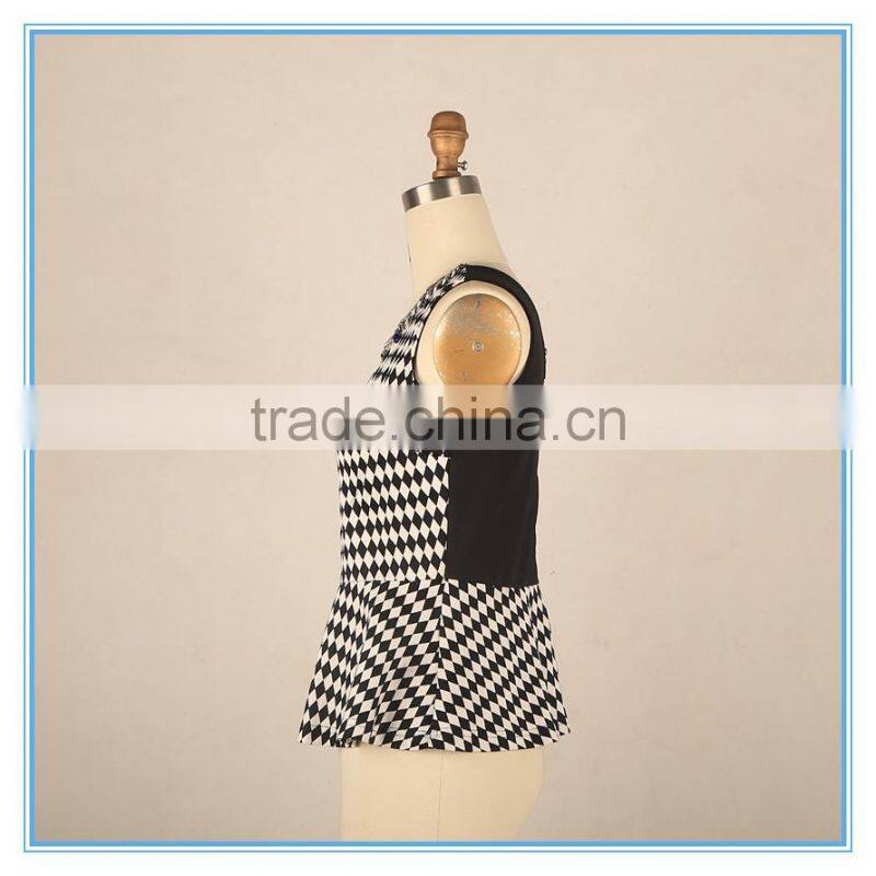 Elegant Ladies Modern Check Sleeveless Blouse Design With Jewel Neck Designs Flounce Hem