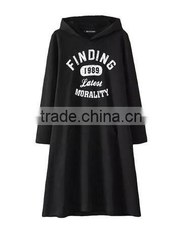 Plus Size Print Letters Ruffle fleece hoody Women Long Hoodie Dress with Hooded