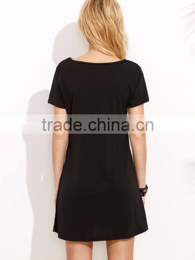 Black Deep V Neck Criss Cross Dress Polyester Spandex Summer Short Sleeve Casual Plain Short Dress