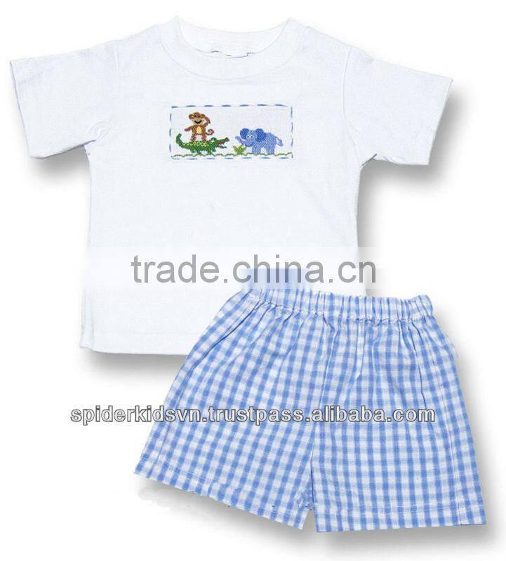 Boys Blue Smocked Cute Animals Shirt & Short Set