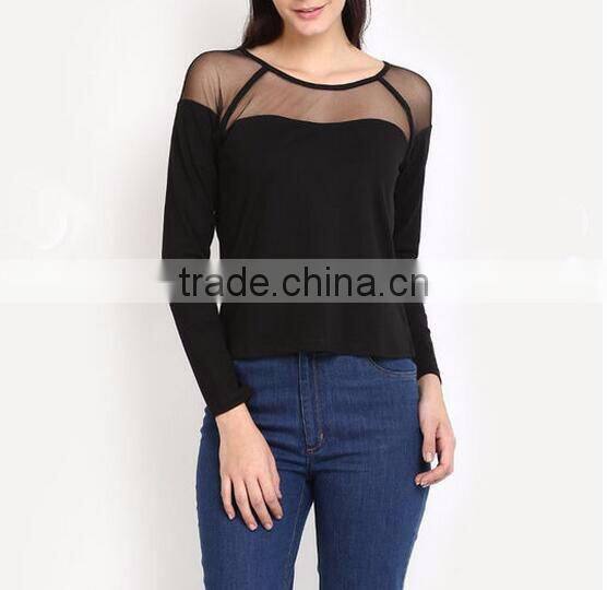Two-color long sleeve t-shirt skin tight t shirt with net design
