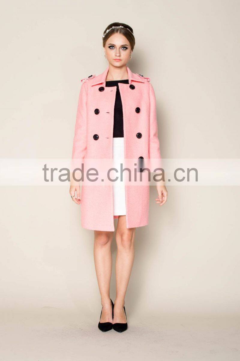 latest 2015 thick warm lovely pink women office coat with double breasted design