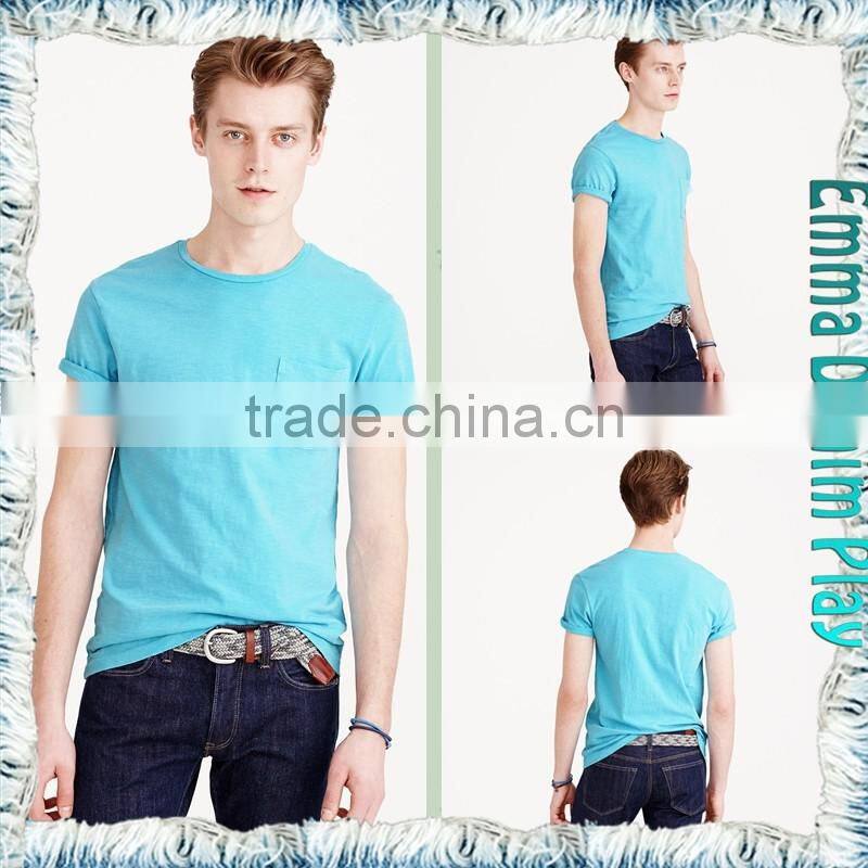 2017 Blue Single Chest Pocket O Neck T Shirts for Men