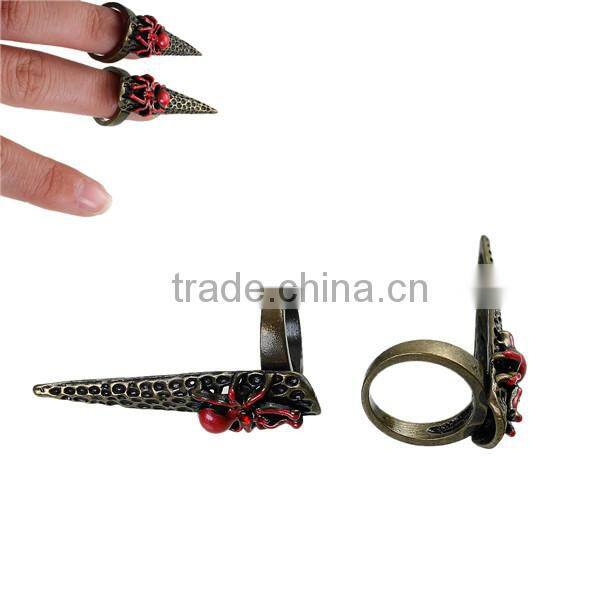 New Fashion Punk Unadjustable Fingertip Knuckle Nail Rings Antique Bronze Halloween Spider Carved Red Rhinestone Enamel 14.7mm