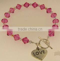 Wholesale pink crystal charming bracelets/heart charm engraving 'love" words bracelet with silver plated