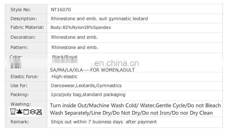 NT16070 rhinestone and sleeveless gymnastic leotards. Competition gymnastic suit for child and adult.Gymnastics training dress