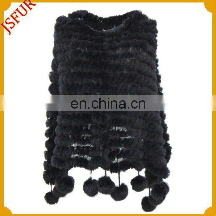 2014 Fashion women black rabbit fur knitted girls poncho sweater