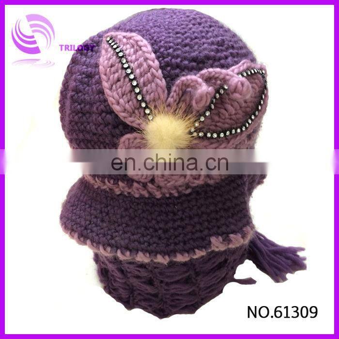 acrylic knitted lady and girls winter cap with bowknot