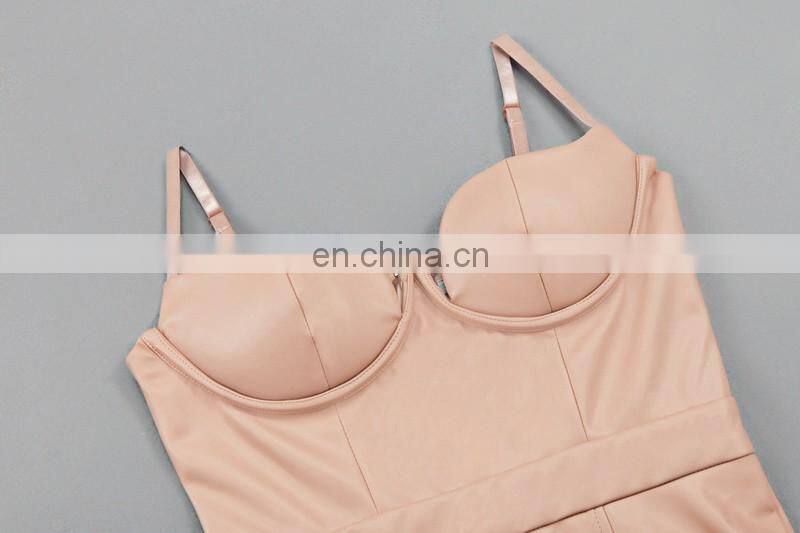 Amigo 2017 new design sexy women party wear black strape backless long bodycon leather evening jumpsuit for girls