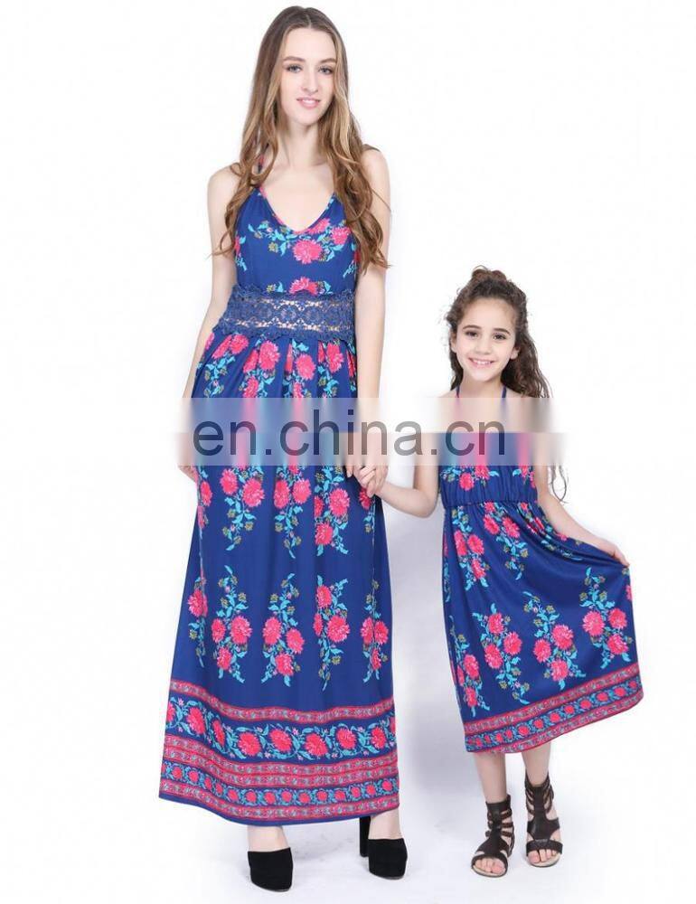 Fashion design mommy and me outfits blue floral printed mother daughter matching dress