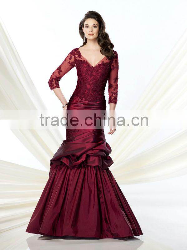 Elegant Long Sleeve Burgundy Taffeta Evening Dress For Mother Of The Bride
