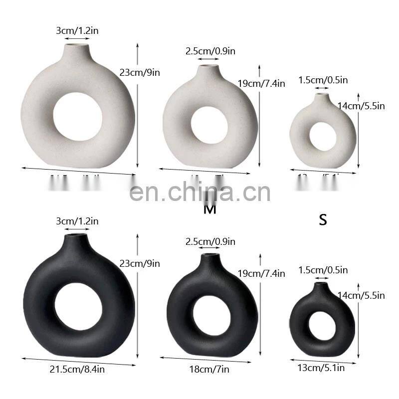 Black Circular Hollow Ceramic Vase Donuts Nordic Flower Pot Home Decoration Accessories Office Living Room Interior Decor