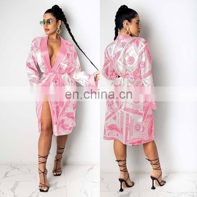Hot Sell Satin Money Print Silk Robes Women Sexy
