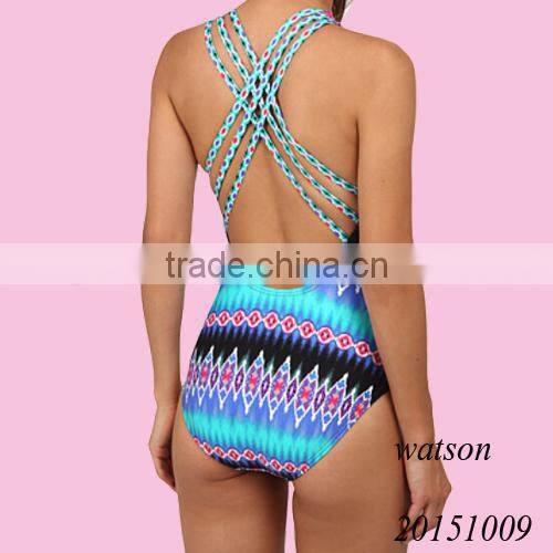Fashion V- neck one piece printing swimwear women swimsuit multi straps