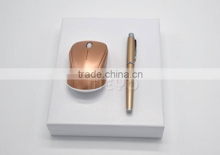 Memento gift set of wireless mouse and capped metal pen for promotion