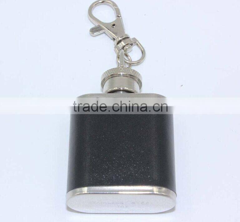 1oz Mini Stainless Steel Hip Flask Flagon with Keychain with leather sleeve