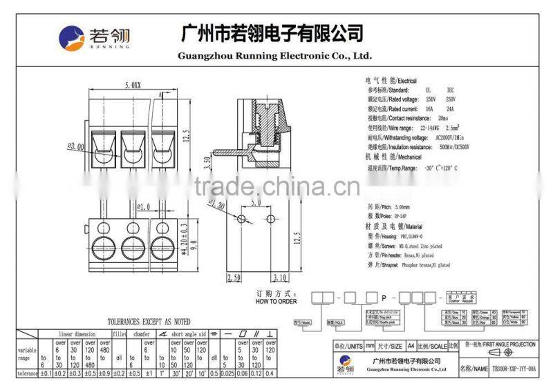 UL PCB Screw Type Terminal Block Connector 90 Degree Pitch 5.0mm 10mm