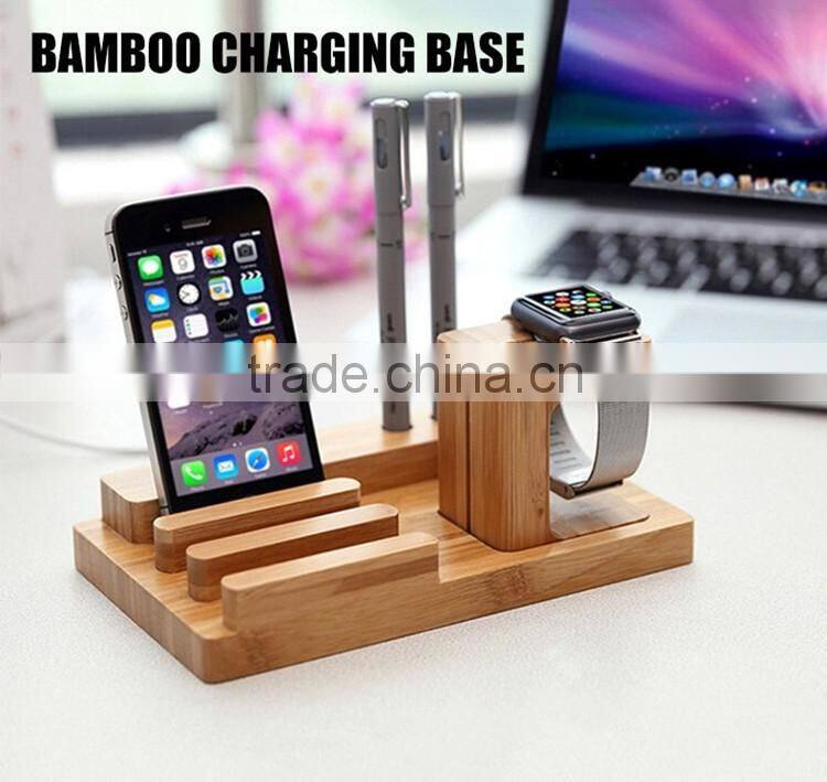 Bamboo Wood 3 in 1 Office Home Desk Cradle Holder with Phone Tablet Stand Wooden Holder