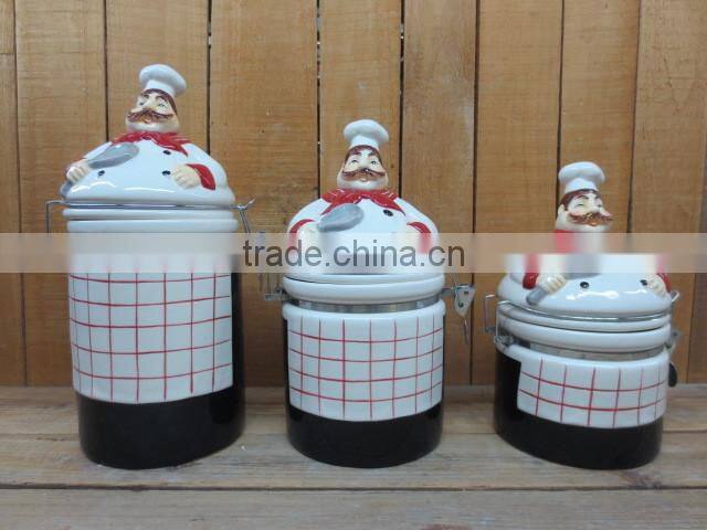 cute chef emboss ceramic salt and pepper shaker with wooden stand