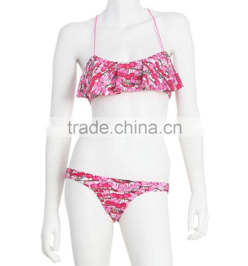 Cherry printed pink flounce top hot korean teen girl bikini with cross back