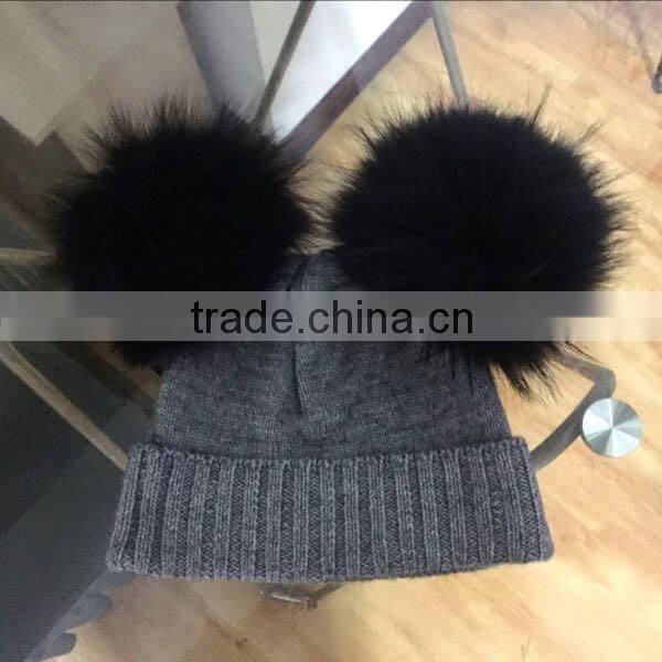 New Design Knitted Wool Baby Beanie Hat with Two Fox Fur Pom poms Balls for Cute Baby