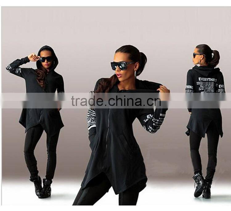 Wholesale 2016 Fashion Women Slit Back Letters Printed Hoodies Ladies Alphabet Long Velvet Zip Up Custom Hoodie Manufacturers