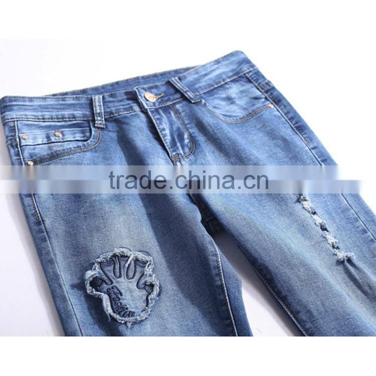 2016 Summer Fashion Women Ankle Length Pencil Pants High Waist Patch Destroyed Skinny Light Blue Jeans Woman
