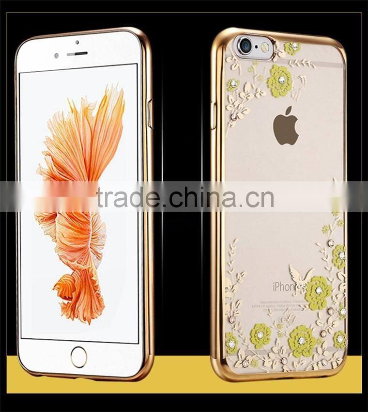 Hot Selling Luxury Garden Style Crystal Clear Soft TPU Diamante Eletroplated Case for Iphone 6