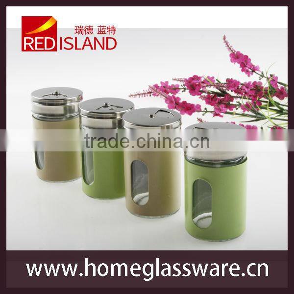 round glass spice shaker with metal coating, glass jar