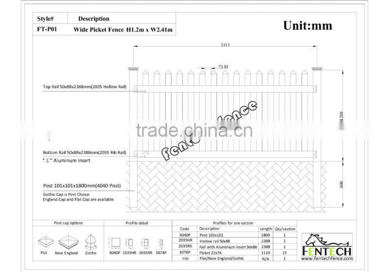Hot sale high quality plastic/vinyl/pvc white picket fence panels factory