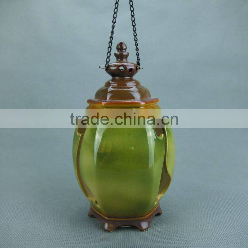 Antique tealight LED light candle holder garden lantern green ceramic hanging lamp
