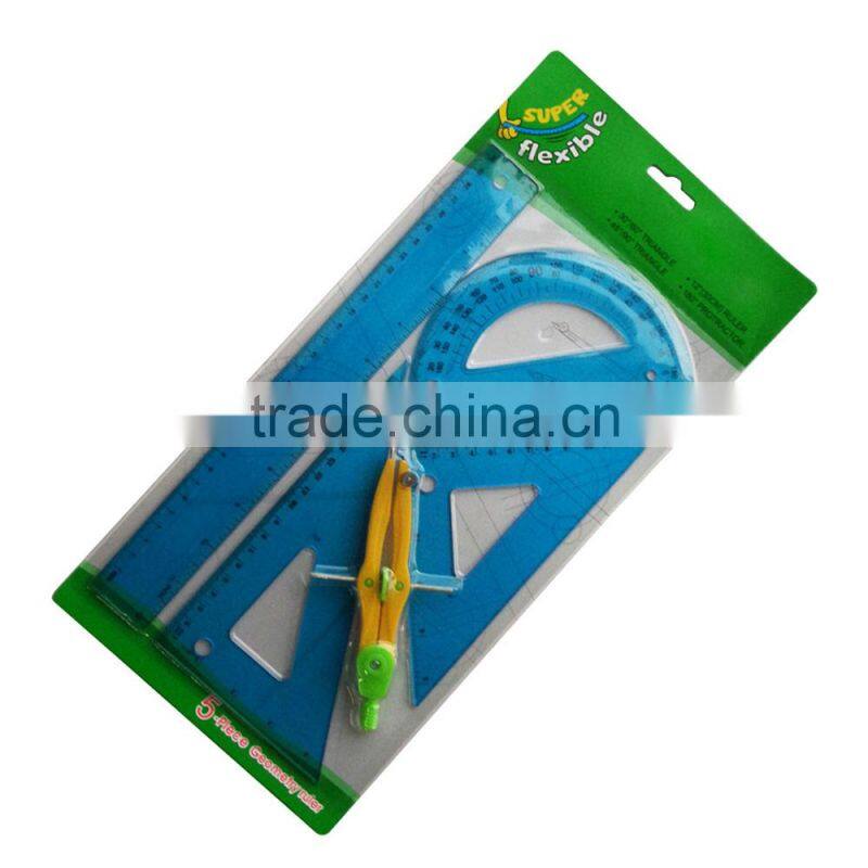 2017 new designed 5pcs geometry clear PVC flexible math ruler set