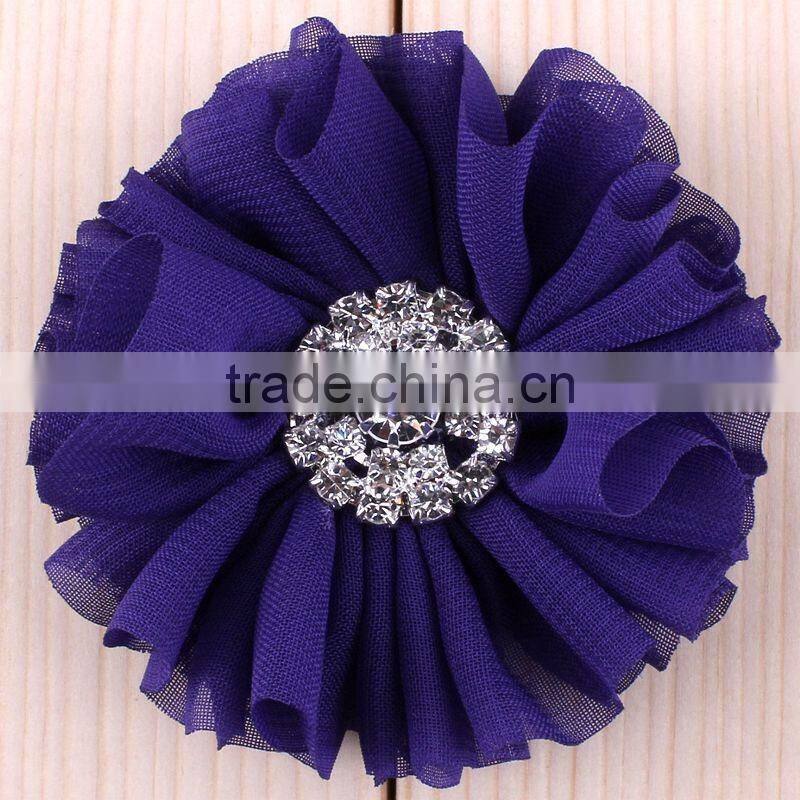 fabric chiffon flower with rhinestone center for kids hair accessories
