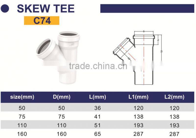 HIGH QUANLITY SKEW TEE WITH SOCKET OF PVC GB STANDARD EXPANDING FITTINGS FOR DRAINAGE WITH GASKET