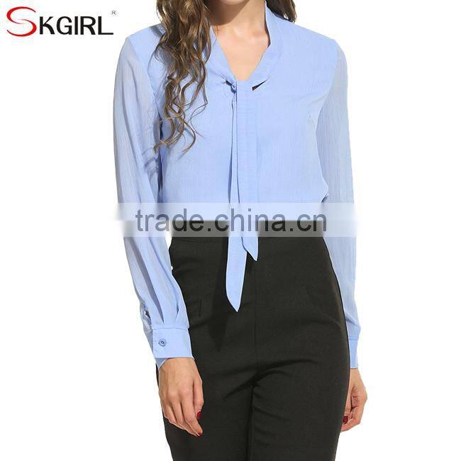 Casual loose fit tie-bow neck long cuffed sleeve office wear tops latest formal skirt chiffon blouse patterns for ladies