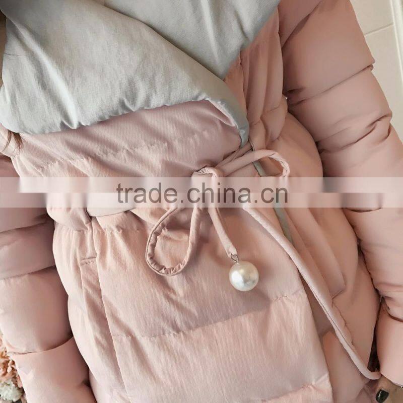 2016 customized manufacture fashionable korean style winter thick turn-down collar Medium style ladies coats with braid