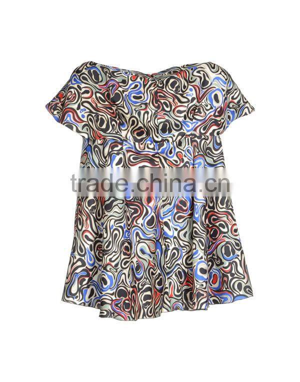 2015 fashion polyester short sleeves print graceful direct manufacturer high quality mandarin collar blouse