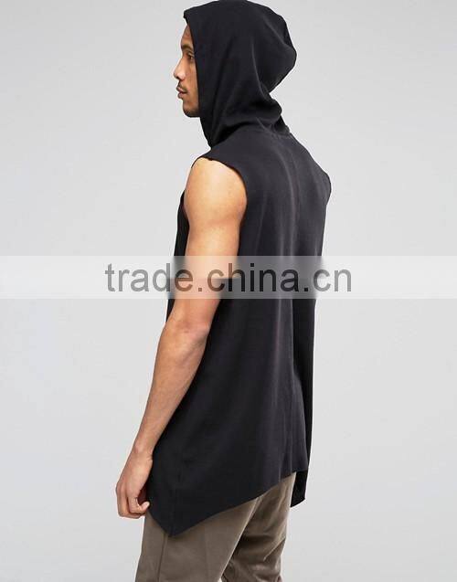 Comfortable latest design fashion black oversized sleeveless hooded t-shirt men custom