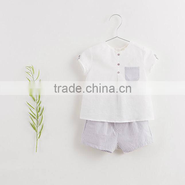 2017 baby boy clothes 2pcs set white linen blouse chest pocket light purple grids shorts