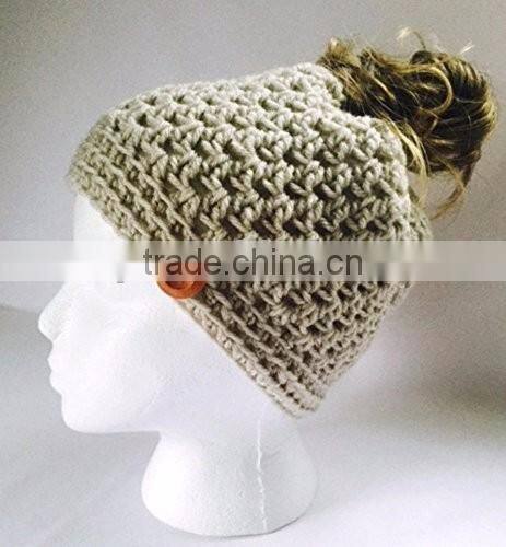 Wood Button Pony Tail Holder Crochet Hat