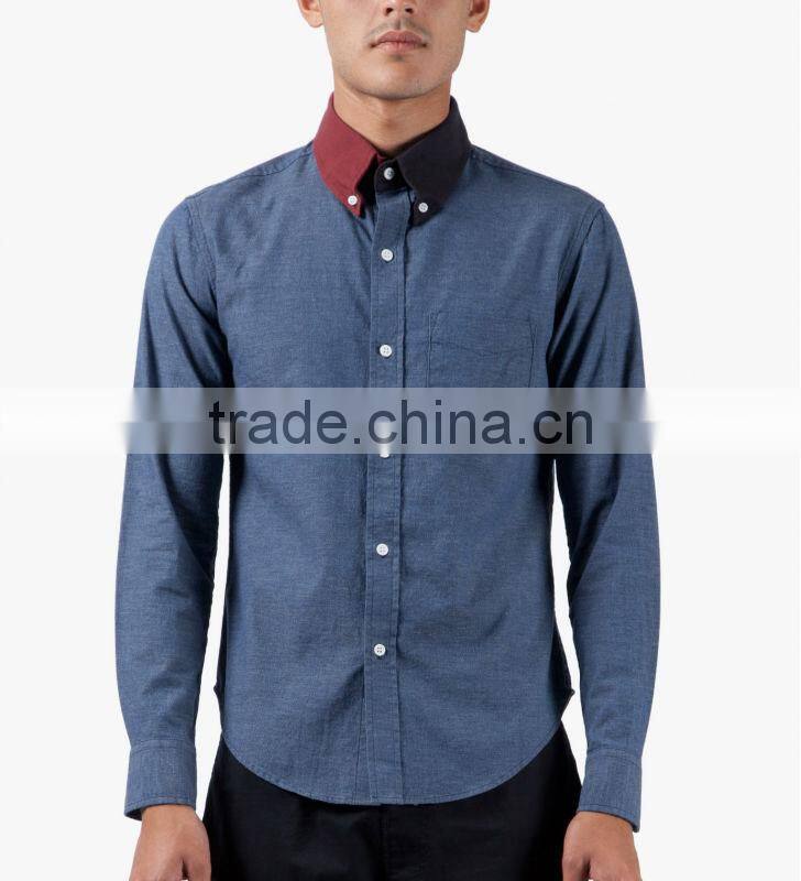 Long sleeve chambray button-down casual shirt with two-tone split contrast collar