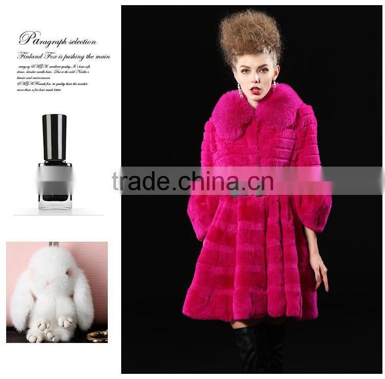 2017 real animal fur woman overcoat knit Rex rabbit fur with fox fur collar