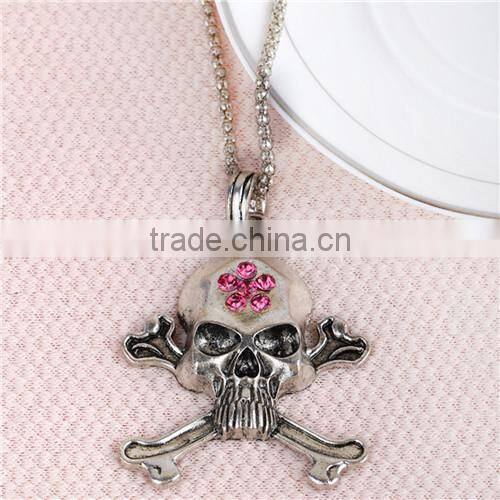 Jewelry Chain Necklace Skull Halloween Pendant Antique Silver Fuchsia Cubic Zirconia 70cm