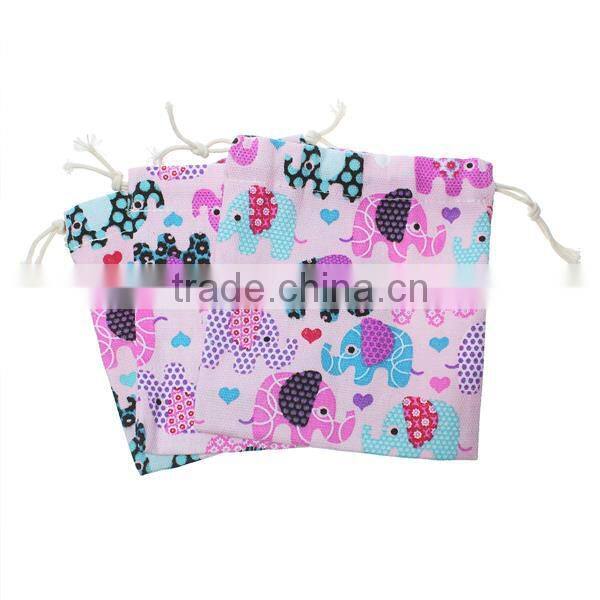 Custom Rectangle Pink Elephant Pattern Cotton & Linen Jewelry Drawstring Bags