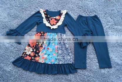 Latest design 2016 fashion girls floral print bib dsess sets wholesale children boutique clothes puffy babys stripe ruffle pant