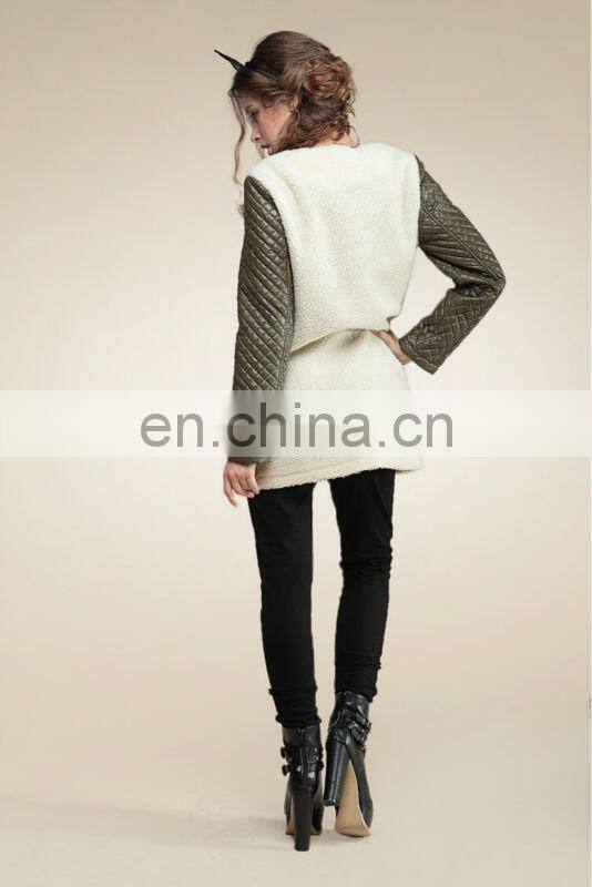 ladies new style of wool split joint PU cotton long sleeve o-neck overcoat