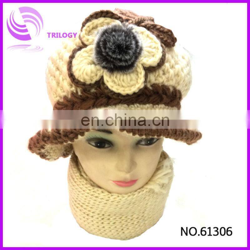 acrylic knitted lady and girls winter cap with bowknot